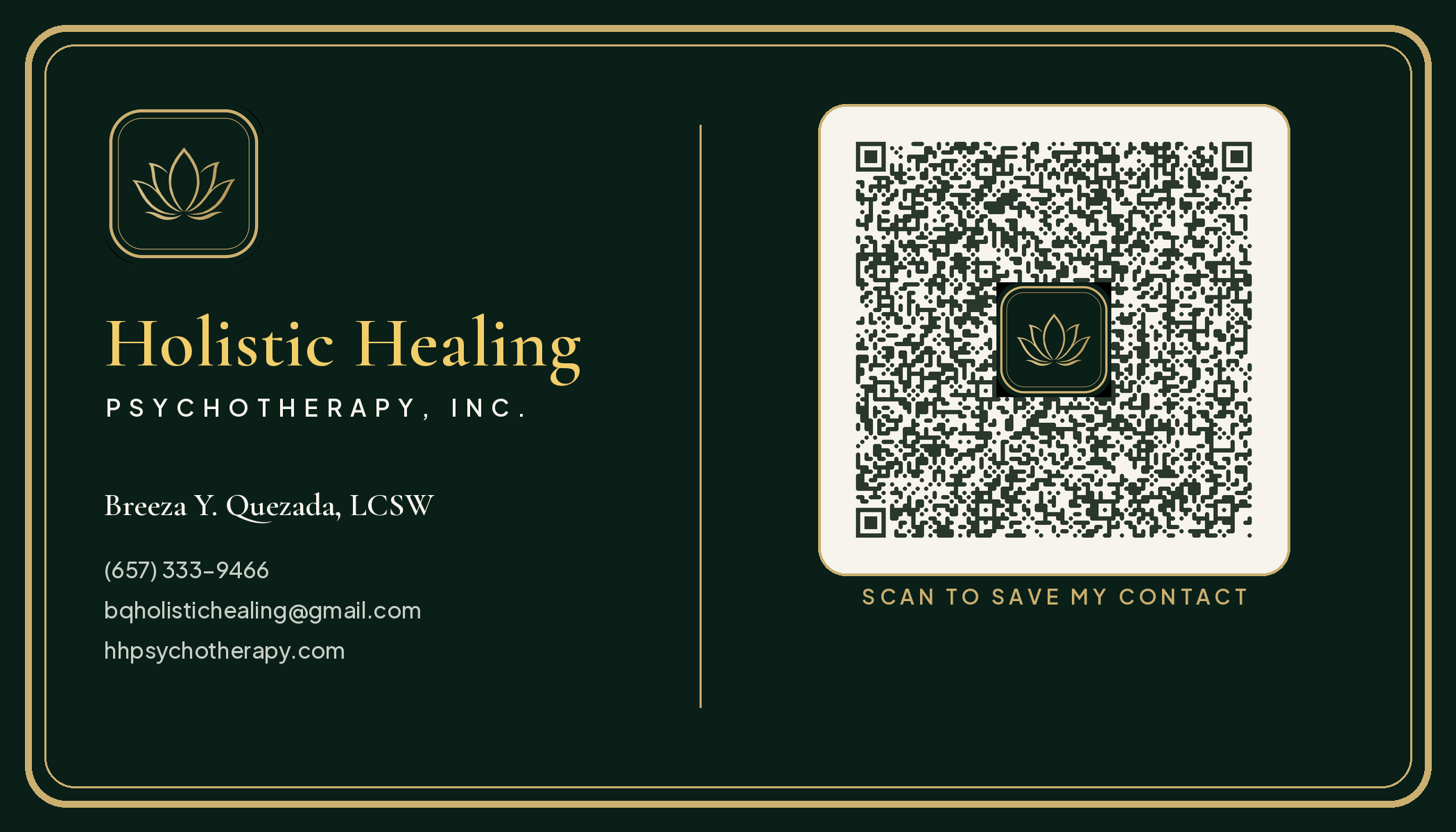 Virtual business card for Holistic Healing Psychotherapy, Inc. with a QR code that saves the practice contact